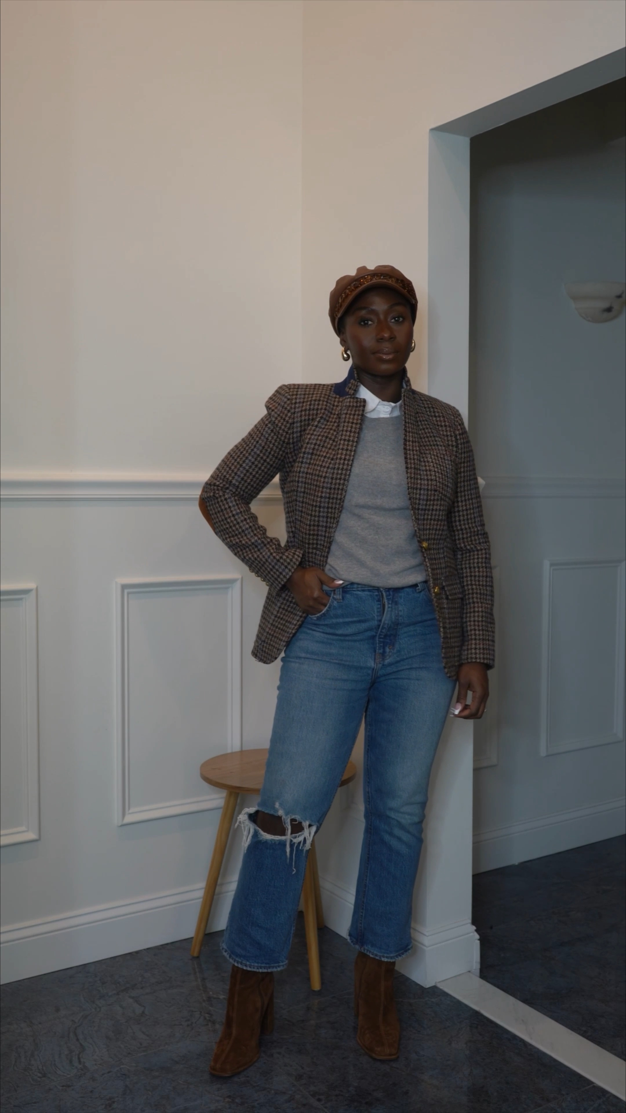 This look came together so well
Because I’m wearing all of my
Favorite things.
I’ve had this j.crew 100% blazer for almost 10 years. My original one which was size 0 didn’t fit anymore so I sold it and bought a new size from Poshmark. Runs big- I’m wearing a size 4 
These jeans are literally the best. Super high rise, so you can size down. I’m wearing a size 6 (usually an 8 in jeans) 
These boots are so comfortable and the square toe works so well for bigger feet! Found the exact sold out boot in Walmart! 
My gray shell is Italian cashmere from Brooks Brothers; it’s old but J. crew has a great one! I’m wearing a medium. 