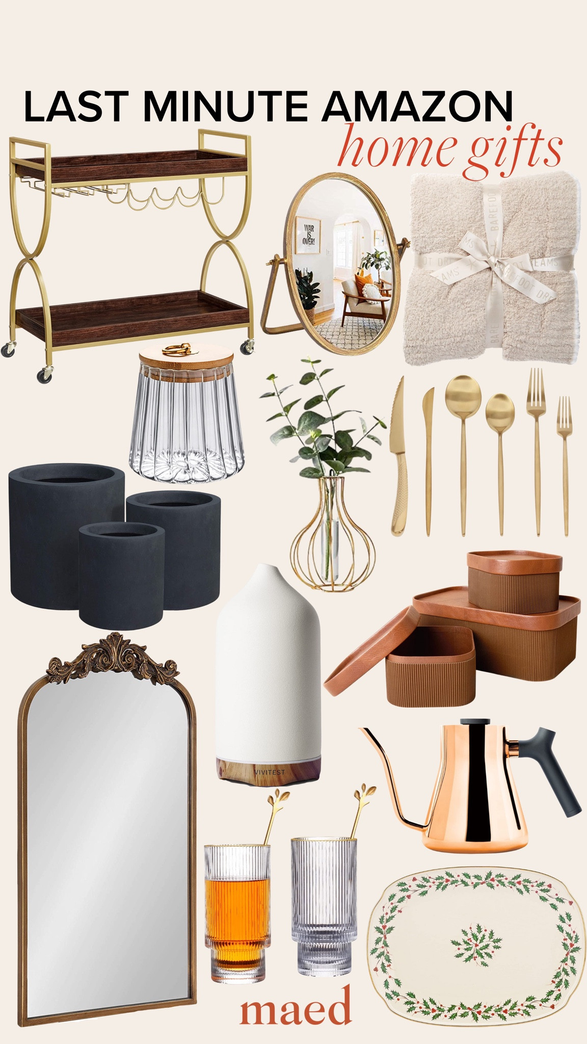 Last Minute Amazon Home Gifts - Mirror - Tea Kettle - Glassware - Cocktail Glass - Serving Platter - Boxes - Bar cart - Silverware - Gold - Throw Blanket

#LTKHoliday #LTKGiftGuide #LTKhome