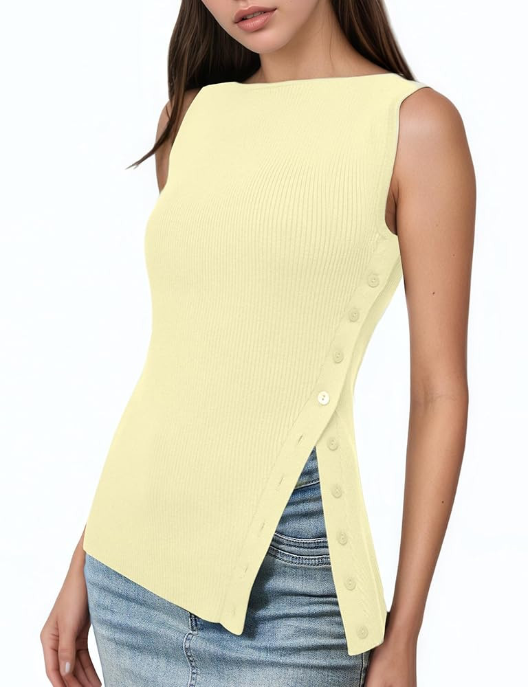 OLAPTA Women Asymmetrical Button Down Side Split Sleeveless Tank Tops Boat Neck Slim Fit Summer C... | Amazon (US)