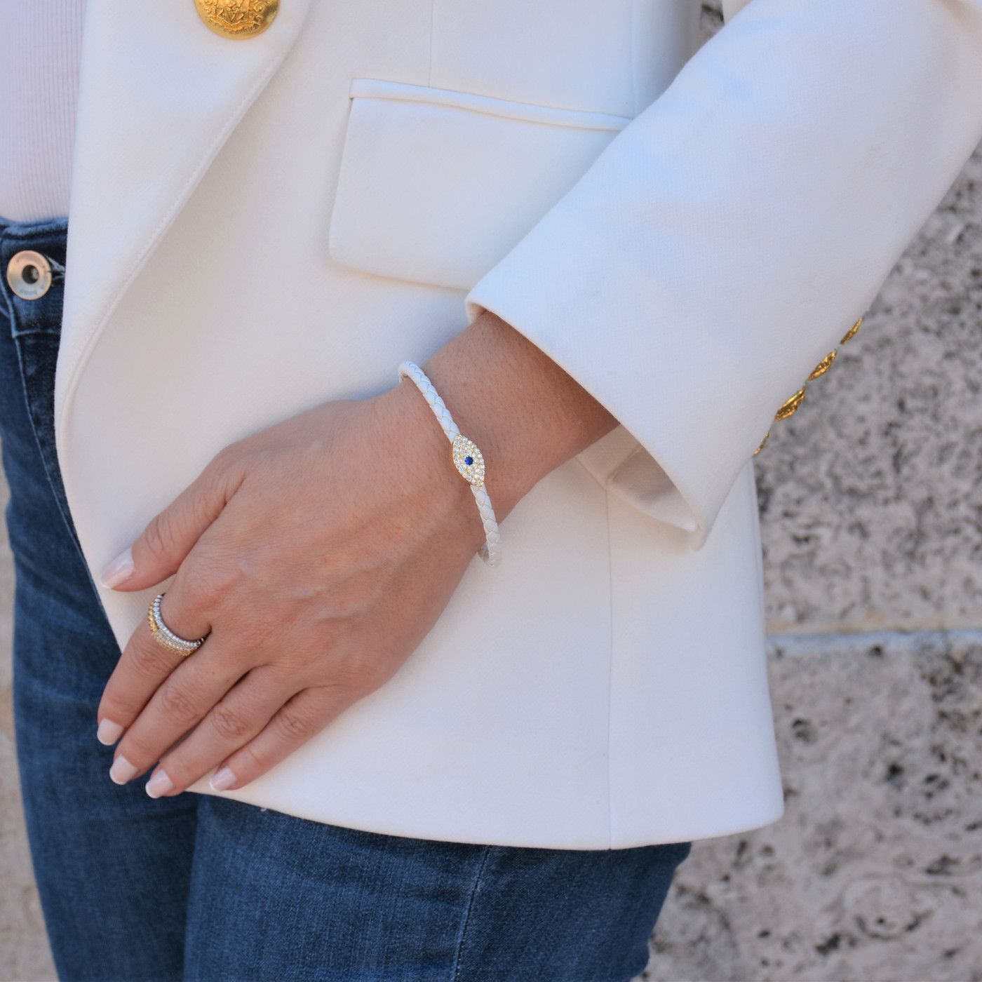 Evil Eye Sapphire Leather Bracelet Gold | Liza Schwartz Jewelry