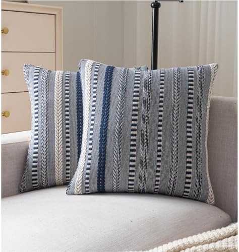 Boho Throw Pillow Covers 20x20 Inch Set of 2, Farmhouse Decorative Couch Pillow Cases, Navy Blue ... | Amazon (US)