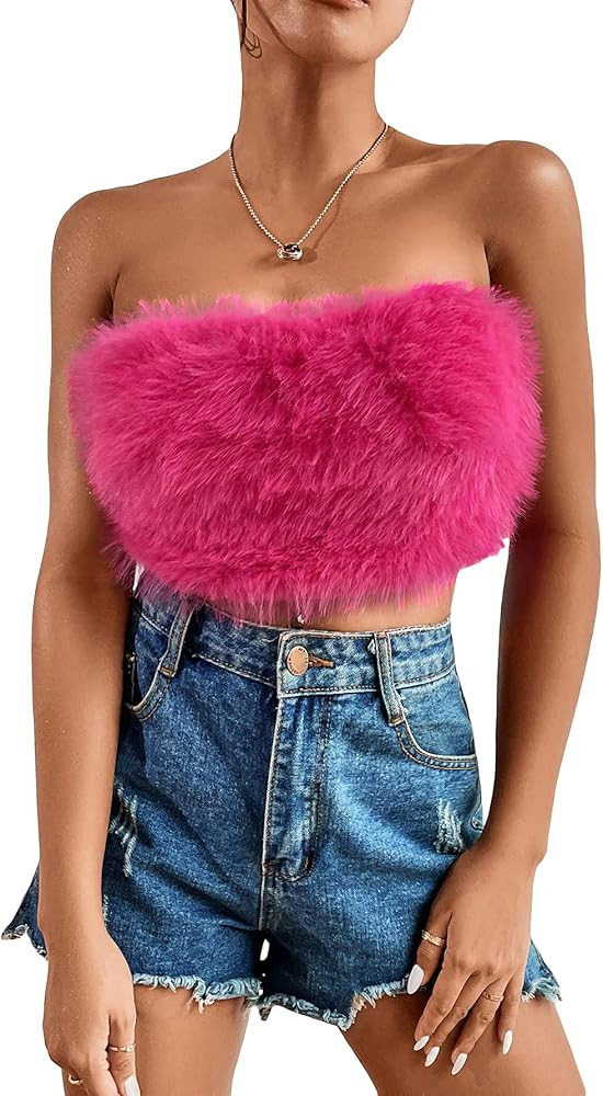 GORGLITTER Women's Fuzzy Strapless Crop Top Tube Top Sleeveless Solid Bandeau | Amazon (US)