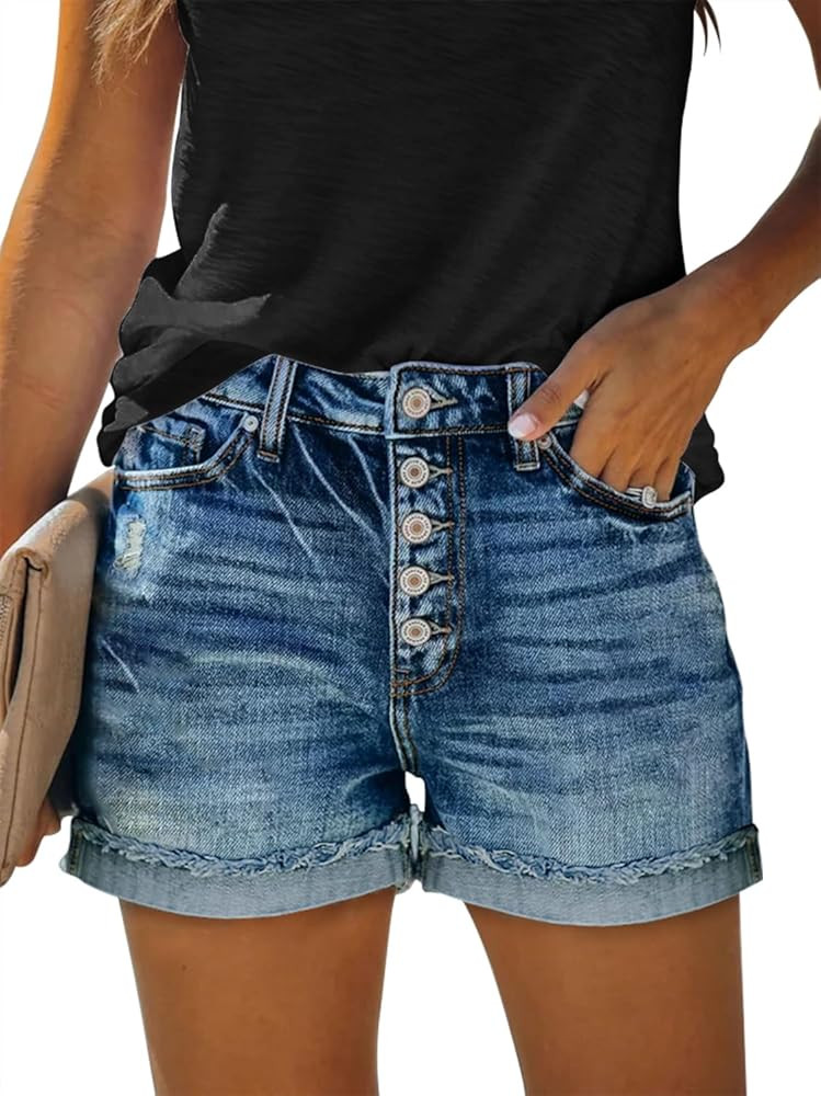 onlypuff Womens Jean Short Cut Off Denim Shorts High Waist Ripped Distressed Stretchy | Amazon (US)
