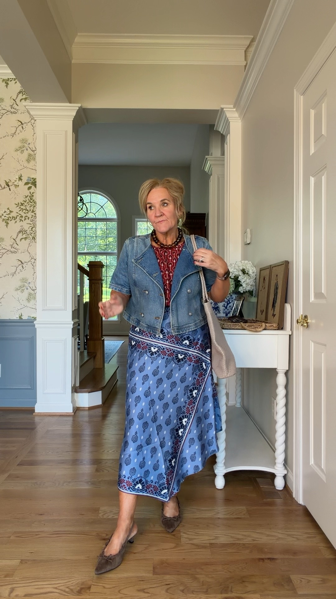 A few new loft pieces. 
Top size med 
Skirt 8/m
Jacket med petite 
Would be cute with boots 

Work outfit business casual bandana print w

#LTKOver40 #LTKSaleAlert #LTKWorkwear