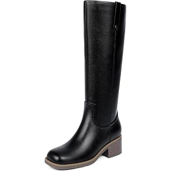 Knee High Chunky Heel Square Toe Metal Rivet Pull Tab Riding Boots | Amazon (US)