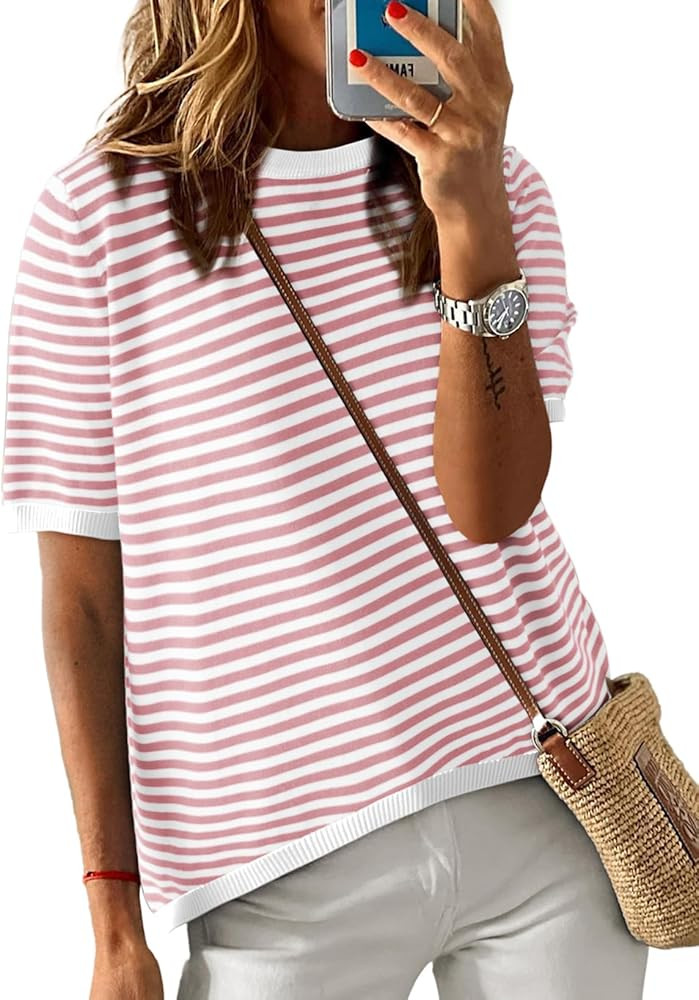 Dokotoo Womens Tops 2026 Casual Summer Crewneck Short Sleeve Striped Color Block Knit High Low Tr... | Amazon (US)