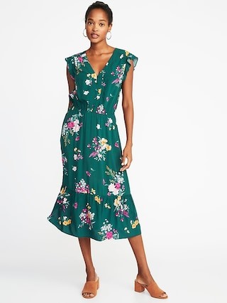 Waist-Defined Flutter-Sleeve Midi for Women | Old Navy US