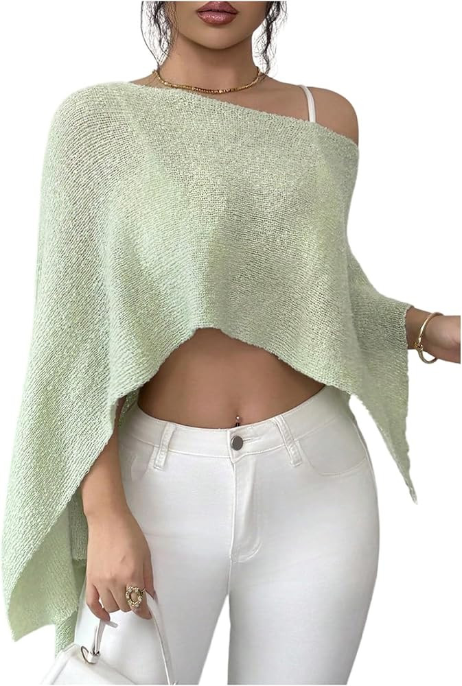 SweatyRocks Women's Boat Neck Cropped Poncho Sweater Lightweight Dolman Sleeve Asymmetrical Knit ... | Amazon (US)