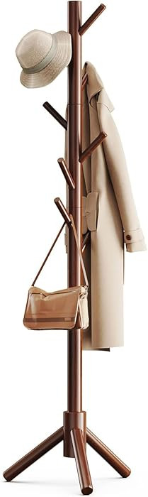 Pipishell Sturdy Wooden Coat Tree with 8 Hooks, 3 Adjustable Sizes for Clothes, Hat Stand Used in Bedroom/Office/Entryway, Brown | Amazon (US)