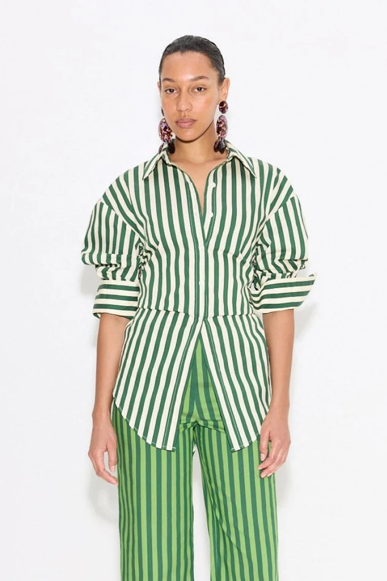 Loch
           Striped Poplin Button Up in Gummy Green/Ecru | Simon Miller