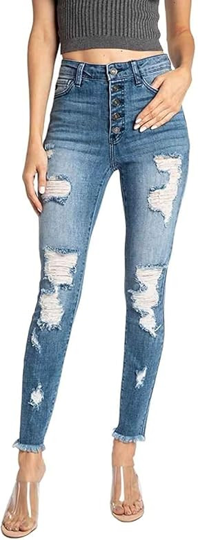Kan Can USA Victoria High-Rise Exposed Button Wash Skinny Jeans - kc7113 | Amazon (US)