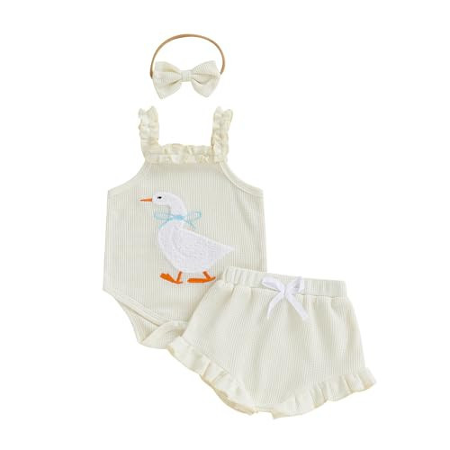 Lucikamy Baby Girl Clothes Infant Sleeveless Romper Bodysuit + Ruffle Bloomers Shorts+Headband Newborn Summer Outfits Set (Beige duck, 0-3 Months) | Amazon (US)