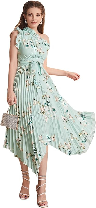 Floerns Women's Boho Floral Ruffle Trim One Shoulder Sleeveless Hanky Hem Belted Pleated Long Dre... | Amazon (US)