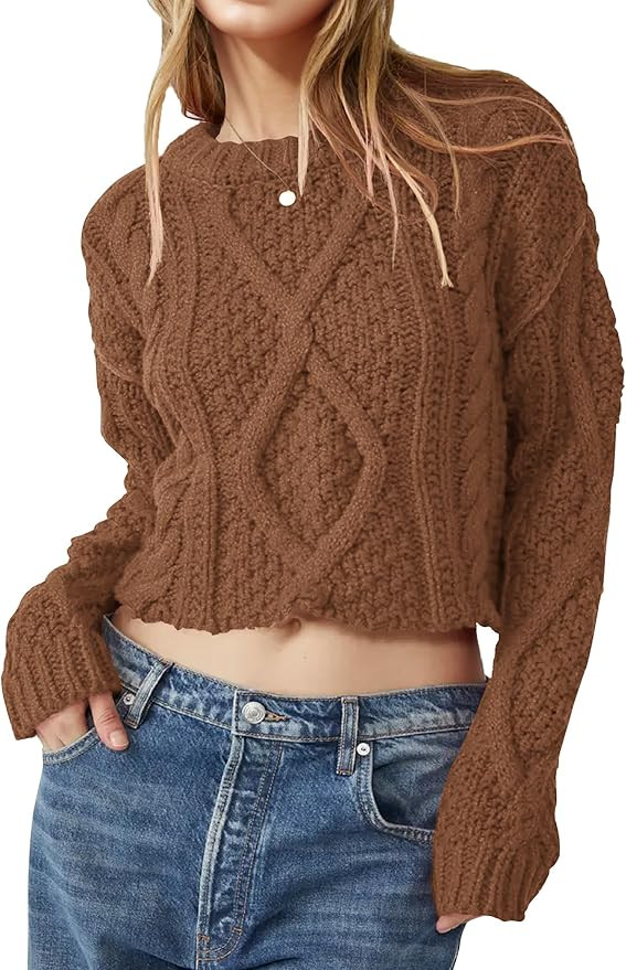 Imily Bela Womens Cropped Sweaters Cable Knit Chunky Fall Crew Neck Casual Loose Long Sleeve Pull... | Amazon (US)