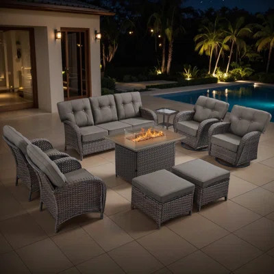 Harbor 9-Piece Outdoor Wicker Patio Furniture Sofa Set With 55,000 BTU Fire Pit Table, Swivel Chairs, Ottomans & Side Tables | Wayfair North America