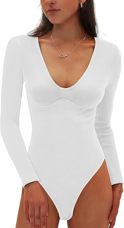 CHYRII Womens Sexy V Neck Bodysuit Basic Ribbed Long Sleeve Shirt Fall Tops | Amazon (US)