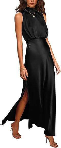 BTFBM Women Sleeveless Mock Neck Cocktail Dresses Keyhole Elastic Waist Party Wedding Guest Satin... | Amazon (US)