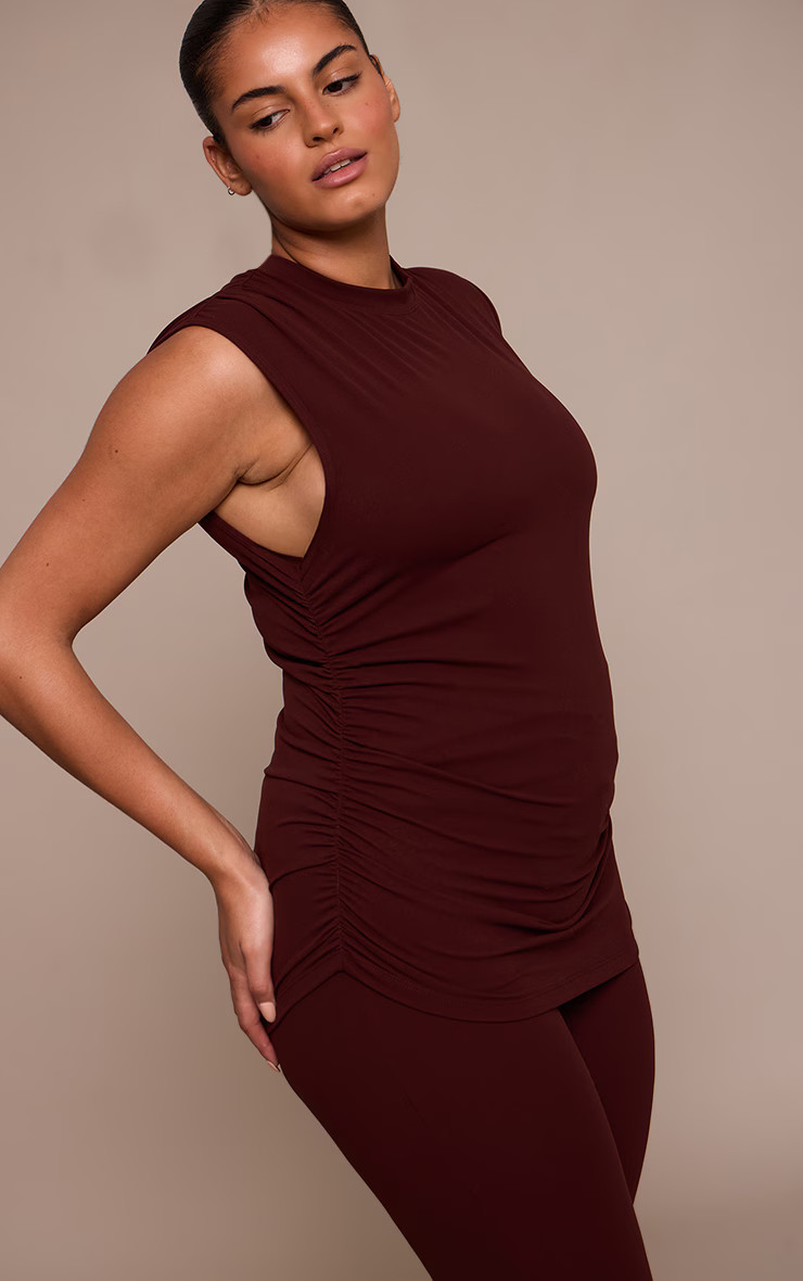 Plus Chocolate Sculpt Ruched High Neck Top | PrettyLittleThing US