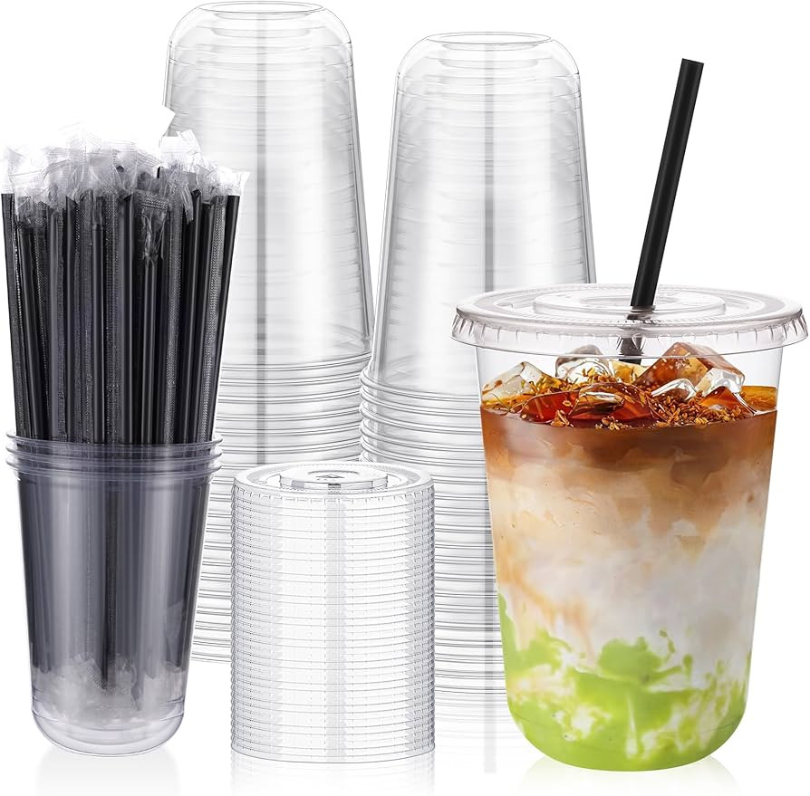 tchrules 50 Set 16oz Clear Plastic Cups with Lids & Straws, Disposable Iced Coffee Cup with Lid, ... | Amazon (US)