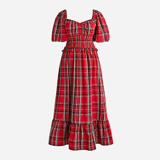 Smocked puff-sleeve cotton poplin midi dress in Good Tidings plaid | J. Crew US