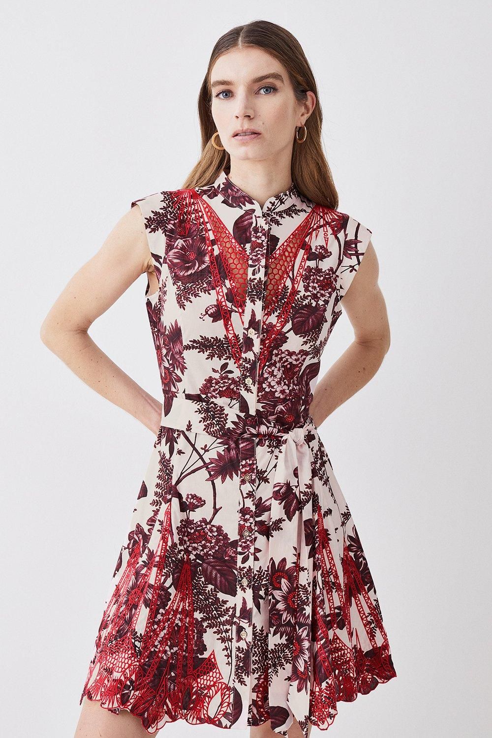 Floral Cotton Cutwork And Print Mini Shirt Dress | Karen Millen US