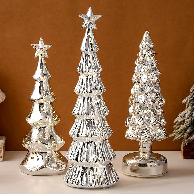 3 Pack Glass Christmas Trees Lighted Christmas Tree Tabletop Glitter Christmas Centerpieces Decor... | Amazon (US)