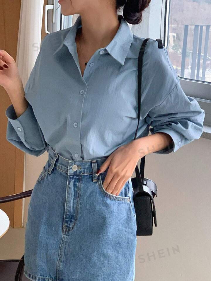 DAZY Solid Color Loose Fit Button Placket Long Sleeve Shirt | SHEIN