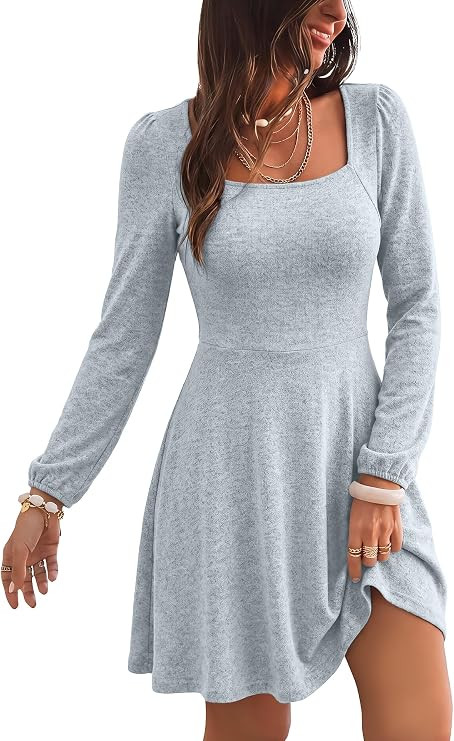 KIRUNDO Womens Long Sleeve A Line Knit Babydoll Mini Dress | Amazon (US)
