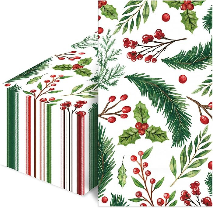 Christmas Disposable Guest Towels 100-Pack, Berries Pine Greenery Design, Decorative Hand Napkins... | Amazon (US)