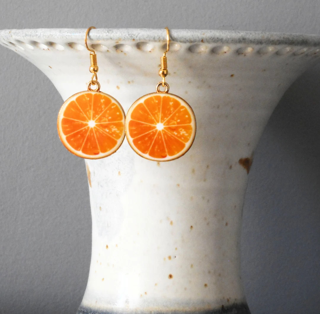 1.25" Gold tone Enamel Orange slice Charm earrings | Etsy (US)