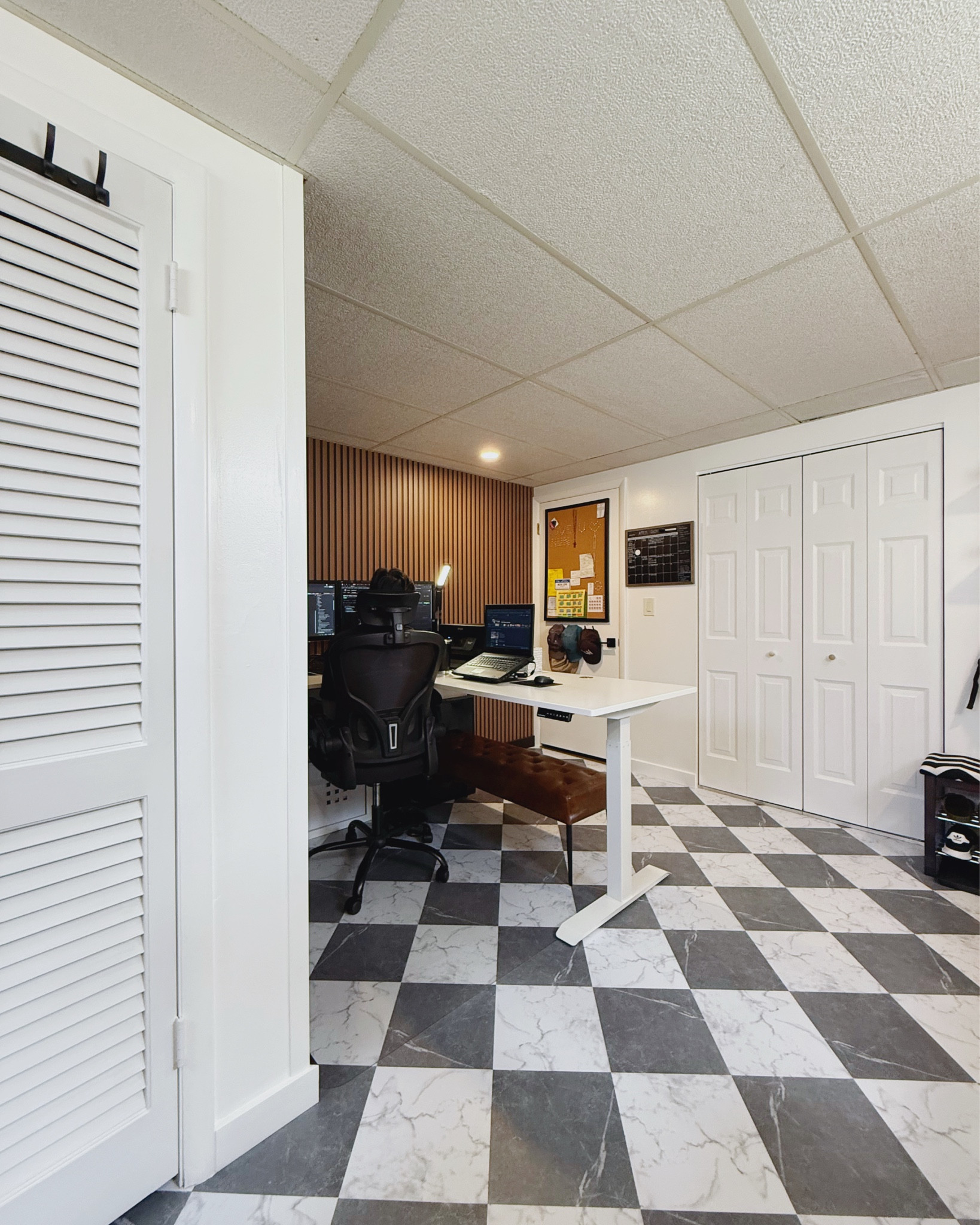 Office laundry room reno is done for now! I did white paint in the closet doors coz it feels more cohesive with the rest of the room and I didn’t want it to pop and compete with the wood slat wall and checkered floors! In the last pic, leaving the last wall for later in the year because that is going to be a messy and tedious one. We will be relocating plumbing and things, and completely demo’ing that wall. For now, I’m so happy with how this office laundry turned out. It feels spacious and I’m happy to do laundry here now! Linking everything here!

#LTKHome #LTKFamily
