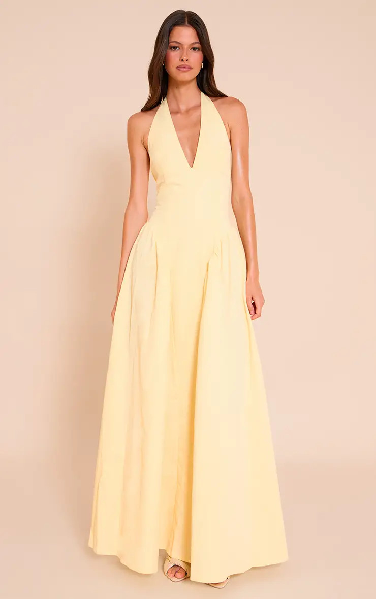 Lemon Woven Halterneck Plunge Midaxi Dress | PrettyLittleThing UK