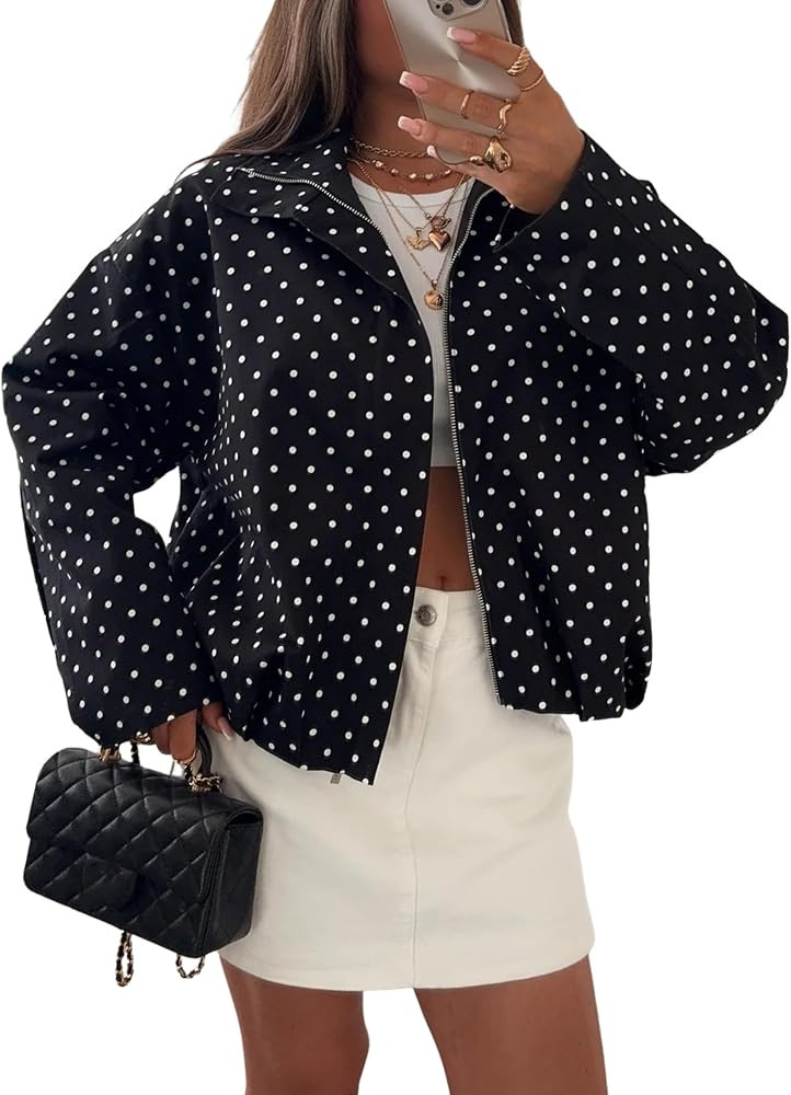 Dqbeng Womens Polka Dot Jacket Zip Up Oversized Lightweight Fall Outerwear | Amazon (US)