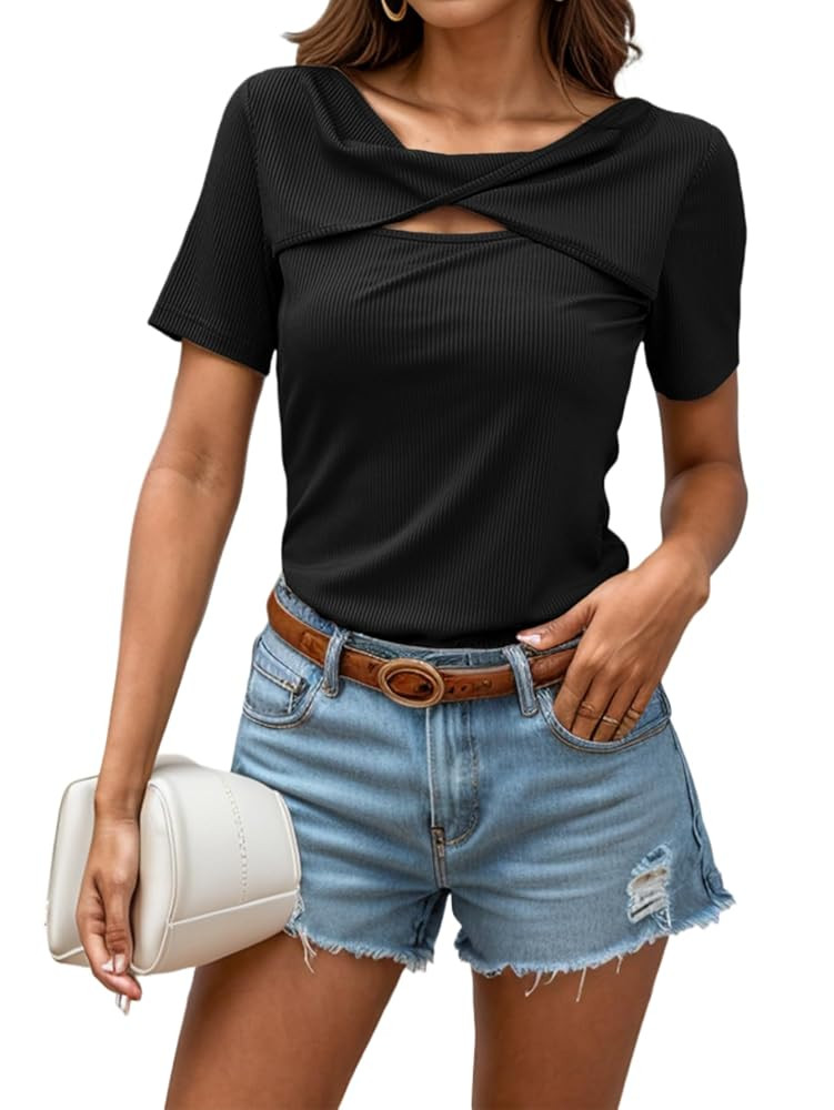 Women's Short Sleeve Tee Shirts Ribbed Knit Trendy Summer Going Out Tops Twist Casual Solid Cute ... | Amazon (US)