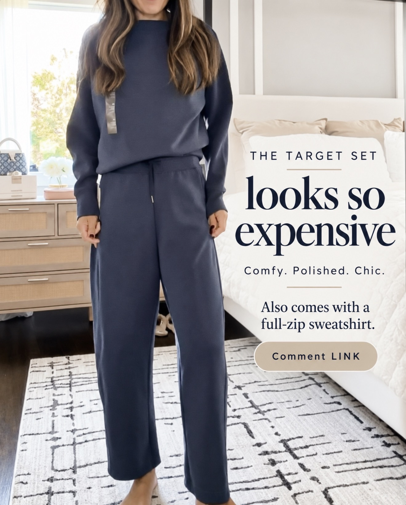 This Target set looks so much more expensive than it is! I love the polished navy color, and it also comes with a full-zip sweatshirt. 
💬Comment LINK and I’ll send it to you.