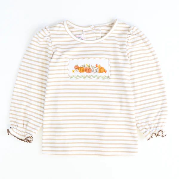 Smocked Pumpkin Floral Top - Tan Stripe Knit | Southern Smocked Co.