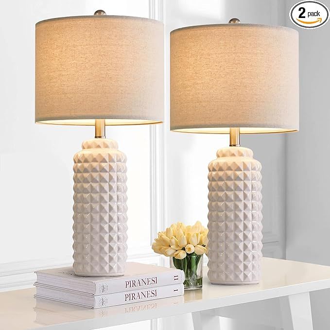 G-SAFAVA 24.5 inch Modern Ceramic Table lamp Set of 2, White Diamond Pattern Bedside lamp Tall Ni... | Amazon (US)