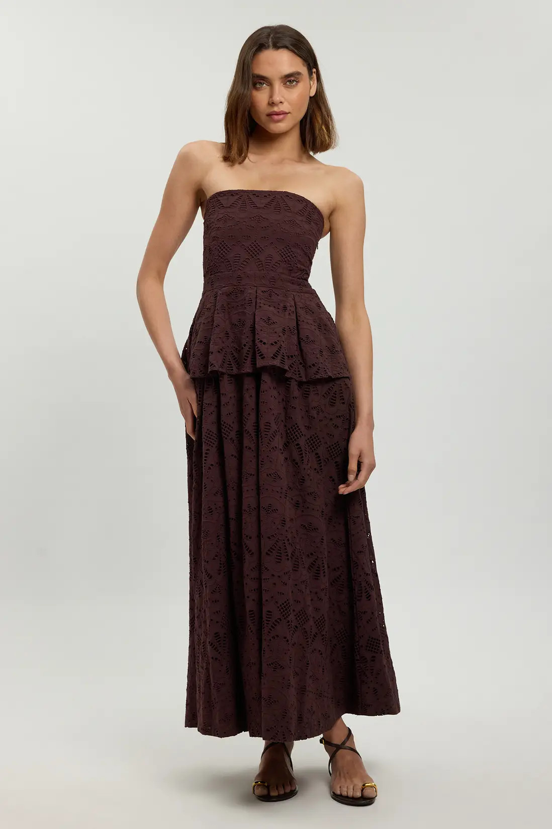 Cotton Broderie Peplum Bandeau Midi Dress | Karen Millen