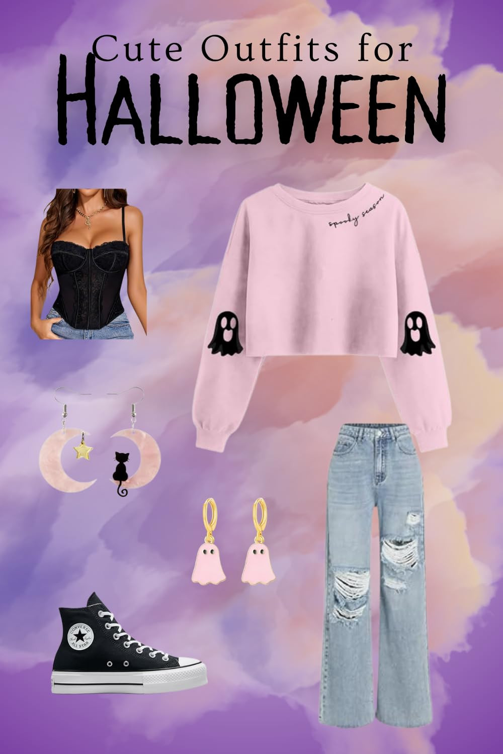Cute Halloween outfit with pink ghost sweatshirt, black corset top, wide leg trendy jeans, converse high top lift sneakers, pink and gold ghost earrings or pink and black car earrings | Amazon (US)