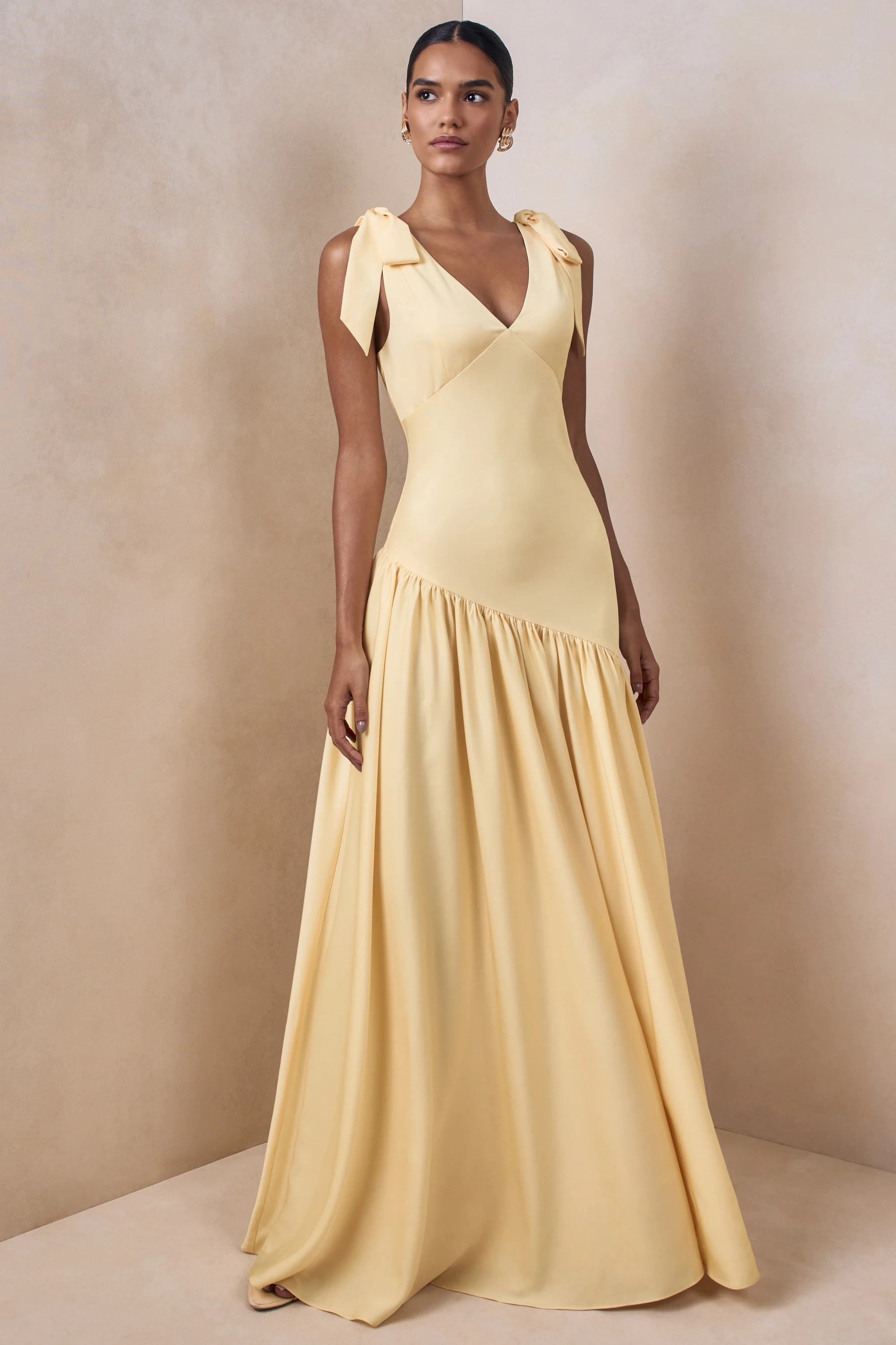 Cala | Lemon Matte Satin Plunge-Neck Maxi Dress With Bow-Sleeves | Club L London