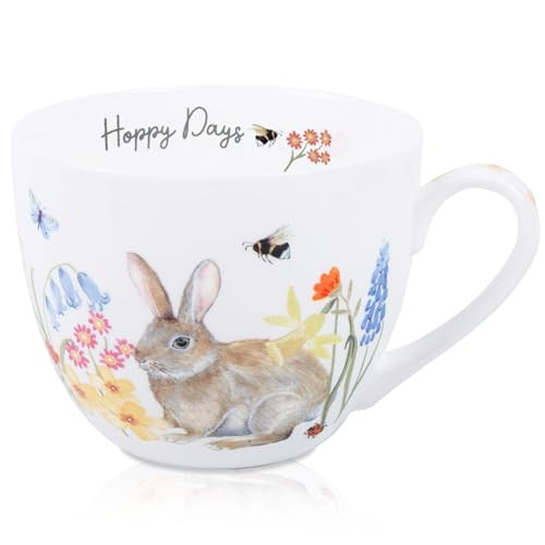 20 oz Easter Bunny Coffee Hug Mug, Spring Flowers & "Happy Days" Slogan, Premium Bone China Cute Rabbit Mug, Perfect Birthday and Holiday Gift for Women, Designed in England by Harvest Green Studio | Amazon (US)