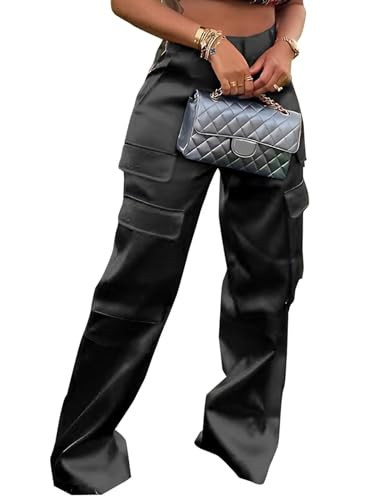 Satin Cargo Pants for Women Metallic Silk Y2k Straight High Waist Pockets Long Trousers (Black, S) | Amazon (US)