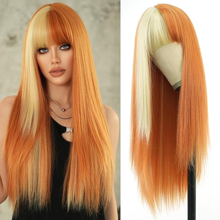7JHH WIGS Long Straight Orange Blonde Highlight Wig with Bangs 27in Natural Heat Resistant Fiber ... | Amazon (US)