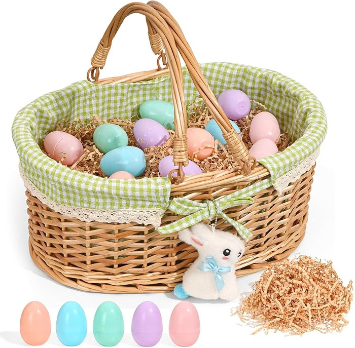 Cesta de Pascua con hierba, 12 huevos de plástico coloridos y dije de conejo suave, cesta de reg... | Amazon (US)