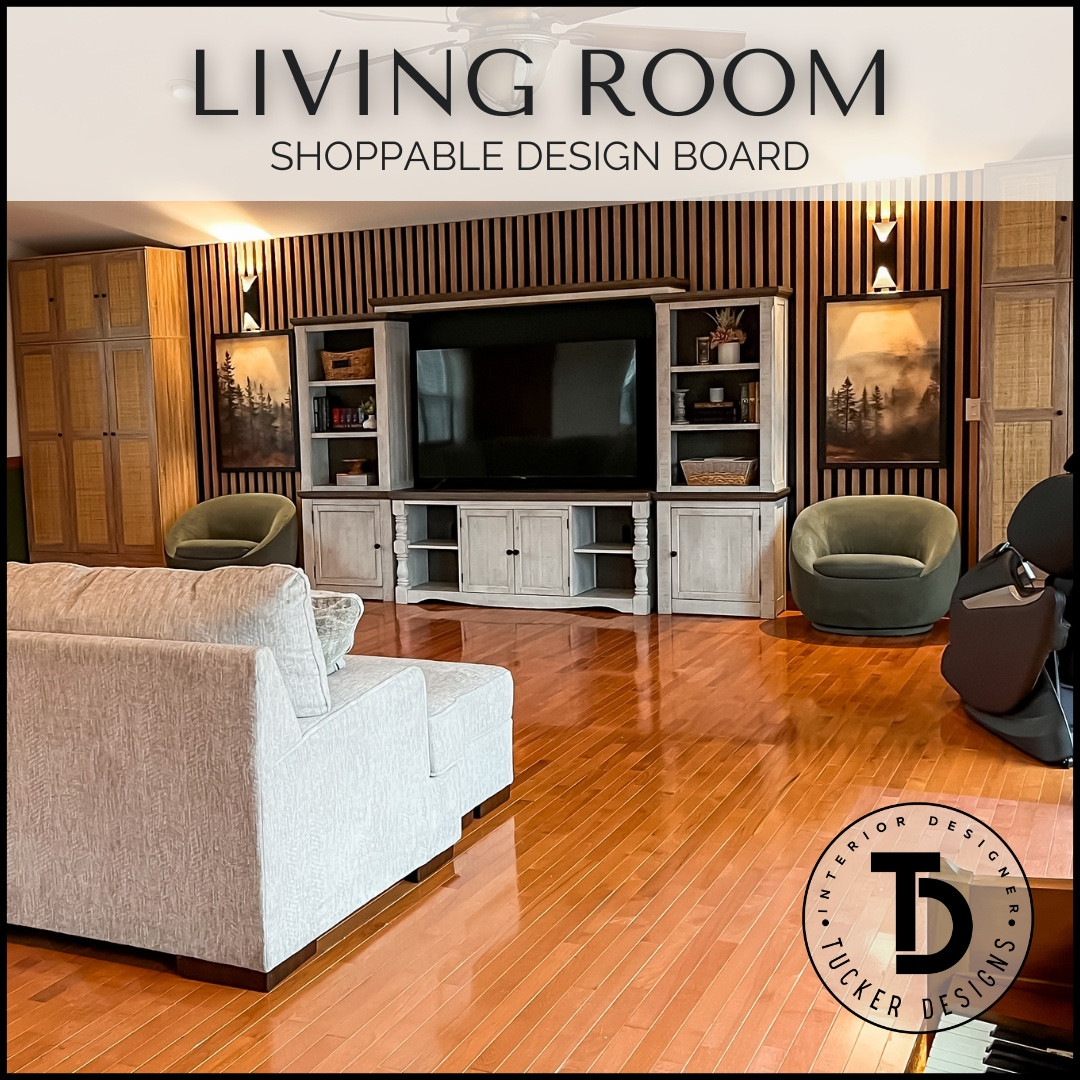 Beautiful Living Room with accent wall that ties everything together. Surrounding walls were painted with Secret Garden by Sherwin Williams. We made our own wood slats out of plywood but I am linking pre-made slat panels and slats. 

#LTKhome