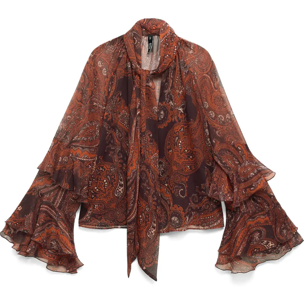 MANGO Jewell Ruffle Sleeve Tie Neck Top in Russet at Nordstrom Rack, Size 8 | Nordstrom Rack