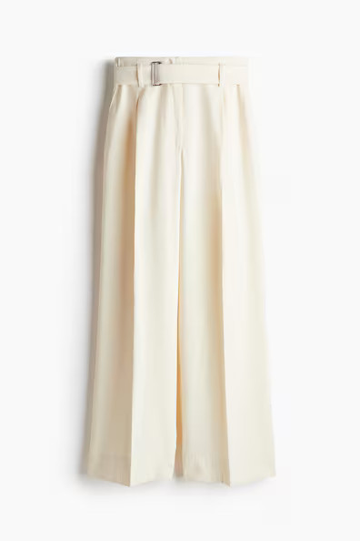H & M - Wide Pants with Belt - White | H&M (US + CA)