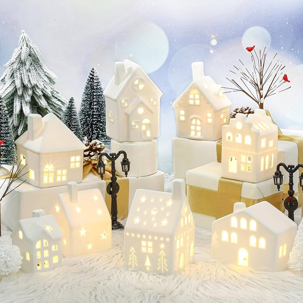 Cindeer 26 Pcs Ceramic Christmas Village Set, 8 LED Christmas Village Houses, 16 Christmas Trees ... | Amazon (US)