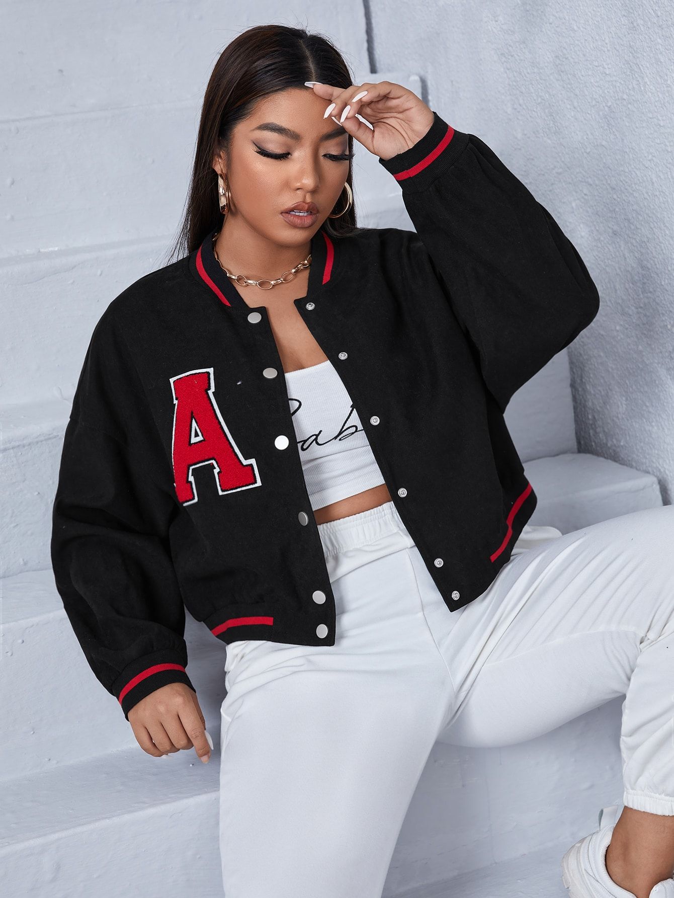 Plus Letter Patched Striped Trim Drop Shoulder Varsity Jacket | SHEIN