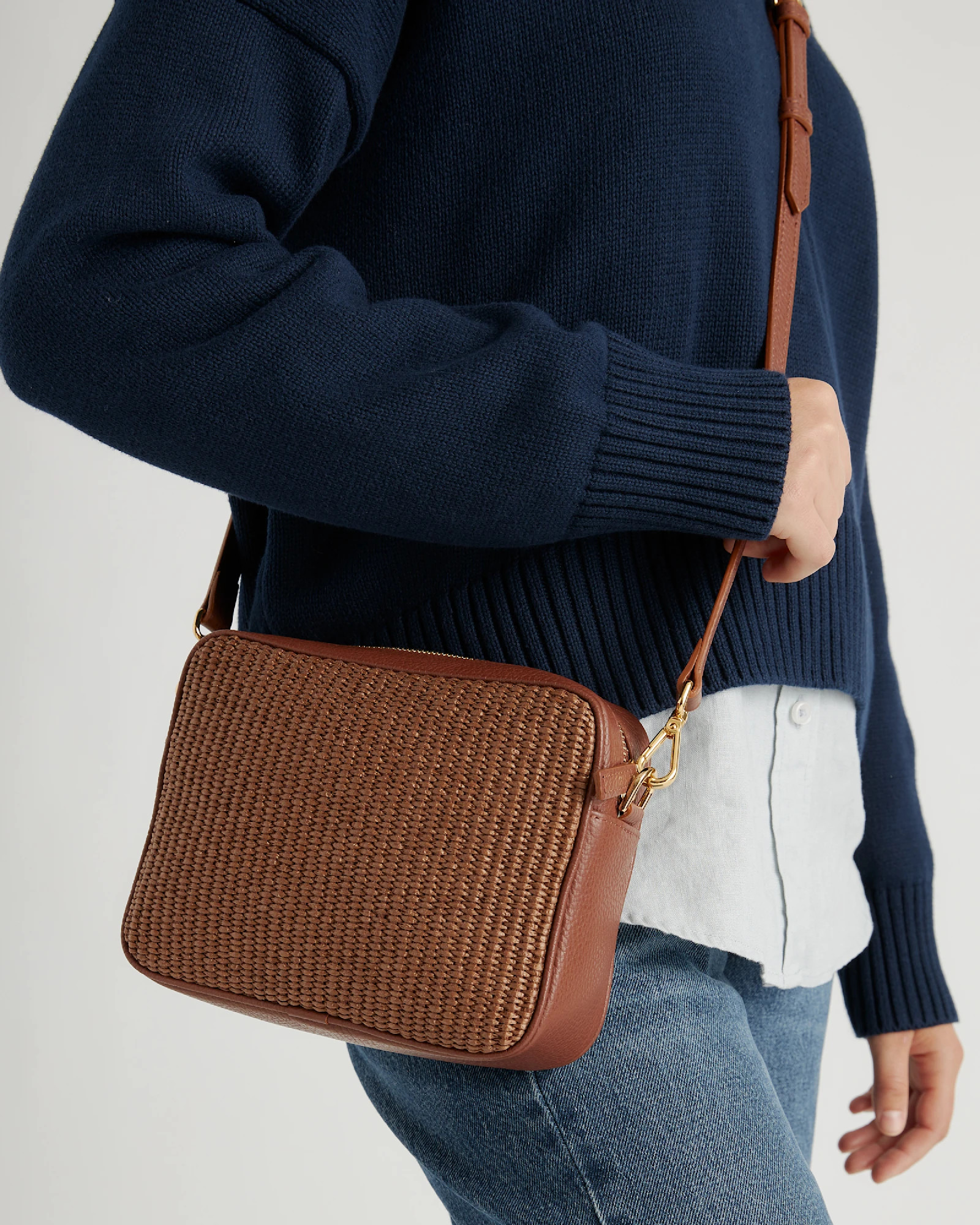 Italian Leather & Raffia Crossbody in Mocha | Quince